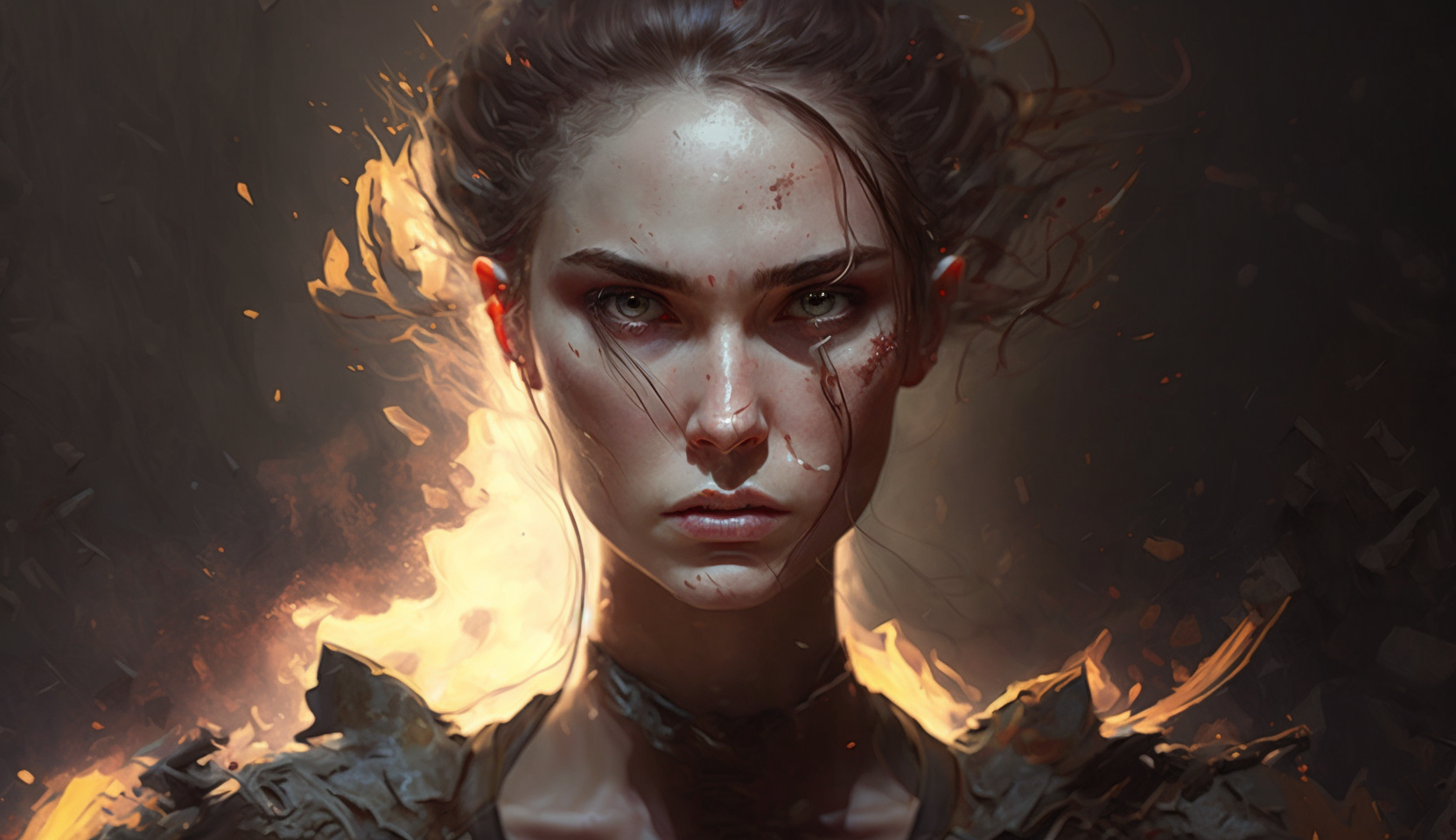 Cassandra staring straight ahead, fierce and unflinching, with fire rising behind her